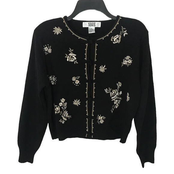 Vintage SEGUE Embellished Embroidered Black/Tan Cardigan Size M - Picture 1 of 6